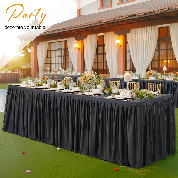 2 Packs Black Tableclothes for 6 Foot Rectangle Tables, Wrinkle Free Fitted Table Cloth 6ft Stretch Table Cover with Skirt for Parties Weddings Birthday Banquet Baby Shower