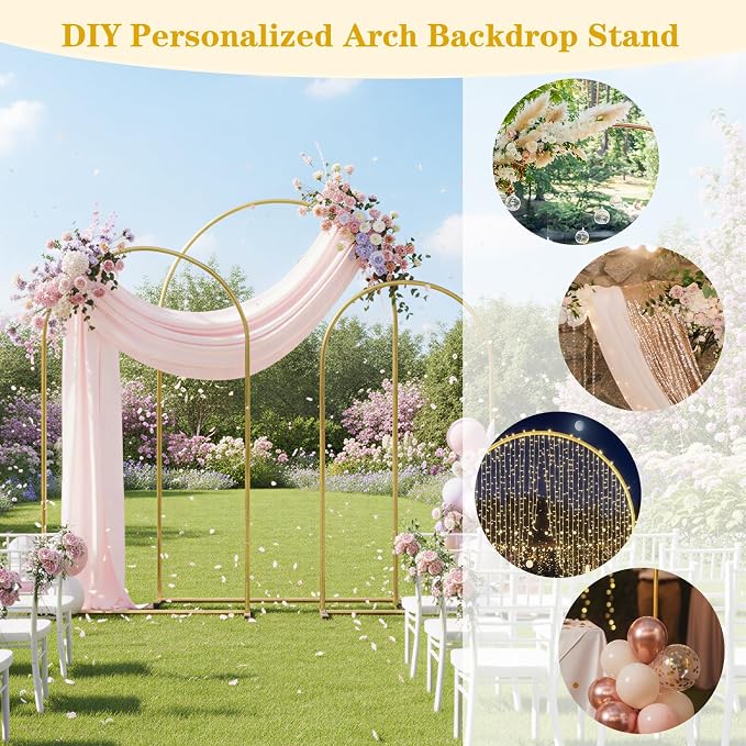 RUBFAC Metal Arch Backdrop Stand Set of 3 (6FT & 6.6FT & 7.2FT), Gold Wedding Arch Frame Balloon Arch Backdrop Stand for Birthday Party Baby Shower Anniversary Graduation Ceremony Decoration