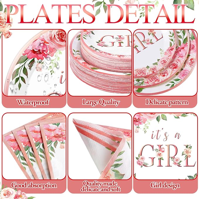 Potchen 452 Pcs Party Supplies Serve 50 Guests, Paper Plates Napkins Cups Cutlery Plastic Tablecloth Dinnerware for Birthday Wedding Party Decoration(Pink, It's a Girl)