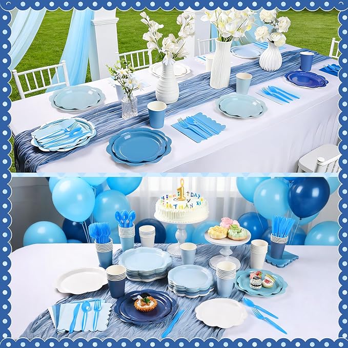 350 Pcs Blue Party Supplies Set - Blue Paper Plates and Napkins Set Include Gradient Blue Scalloped Paper Plate Napkin Cup Spoon Fork Knife for Birthday, Baby Shower, Wedding Forest Events
