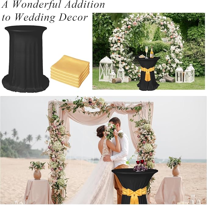 Kochorie 4 Set Cocktail Table Covers with Satin Sash, 32 x 43 Inch Round Cocktail Table Skirt, Spandex Stretch High Top Tablecloth for Wedding Banquet Birthday Party Decorations, (Black, Gold)