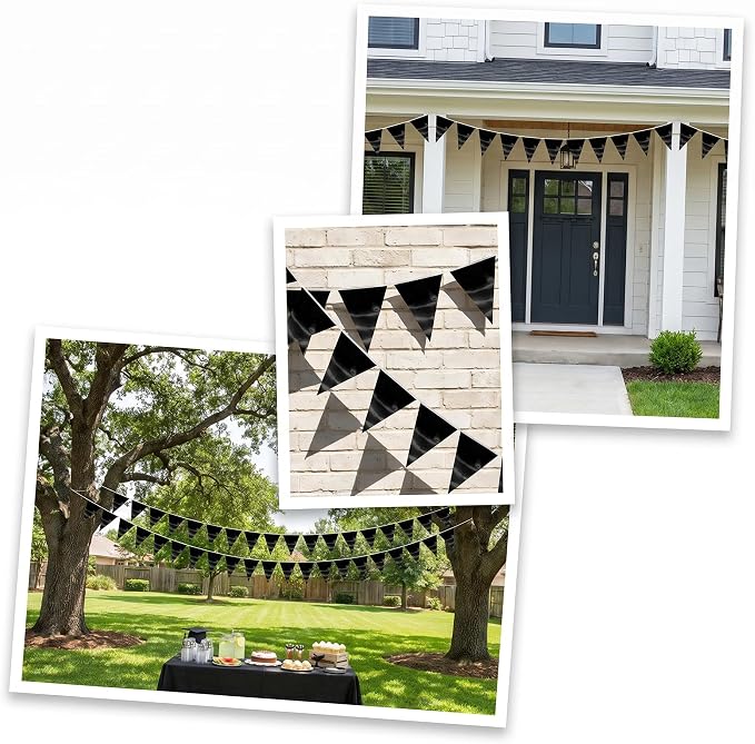 40M/130FT Black Triangle Pennant Banner Flag Metallic Fabric Bunting Garland for Christmas Graduation Birthday Wedding Engagement Bachelorette Holiday Halloween Celebration Hen Party Supplies