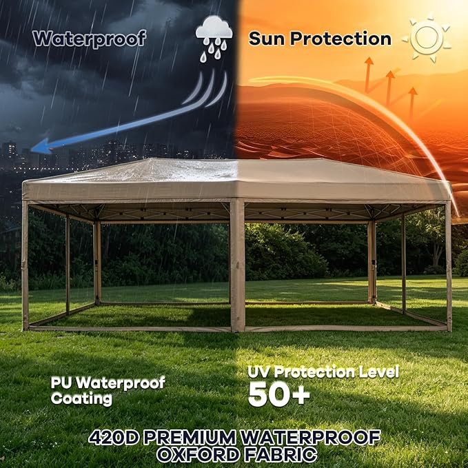 10x20 Pop Up Canopy Tent with Mosquito Netting, Ez Up Portable Waterproof Instant Outdoor Screen Shelter, Pop Up Tent for Patio, Backyard, Parties, Camping and Events, Beige