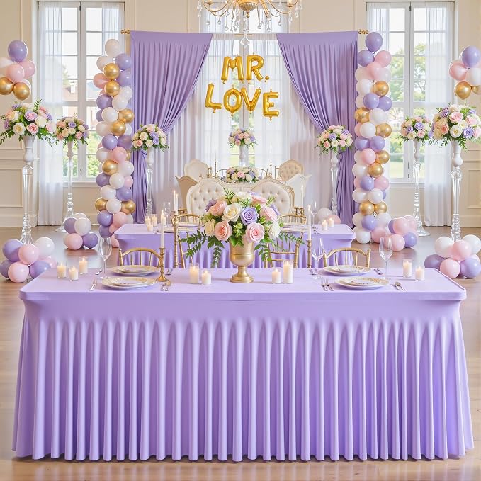 2 Pack Lavender Spandex Tablecloths for Rectangle Tables Light Purple Stretch Table Cloth Rectangle 6ft Lilac Elastic Fitted Table Cover with Skirt for Wedding Birthday Party Banquet Baby Shower