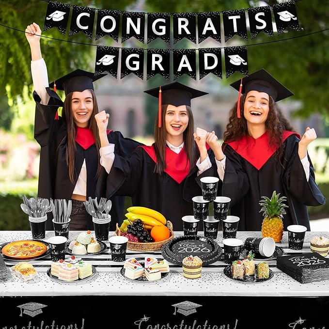 354Pcs Black and Silver Graduation Decorations Set,2026 Graduation Party Supplies Serves 50,Includes Congrats Grad Banner Paper Plates Cups Napkins Tablecloths Tableware for Class of 2026