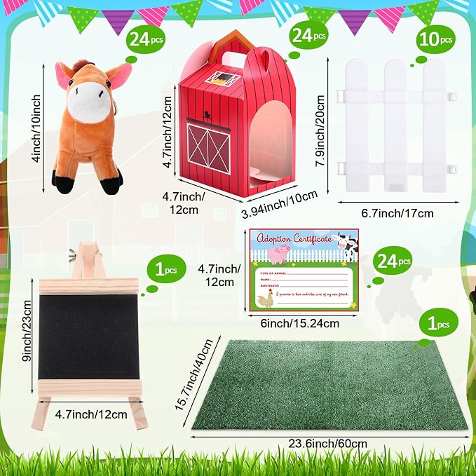 Blueweenly 84 Pcs Adopt a Pet Party Supplies 24 Mini Animals 10 White Plastic Fence 24 Paper Gift Boxes 24 Adoption Cards with Mini Chalkboard and Artificial Lawn(Farm Animals)