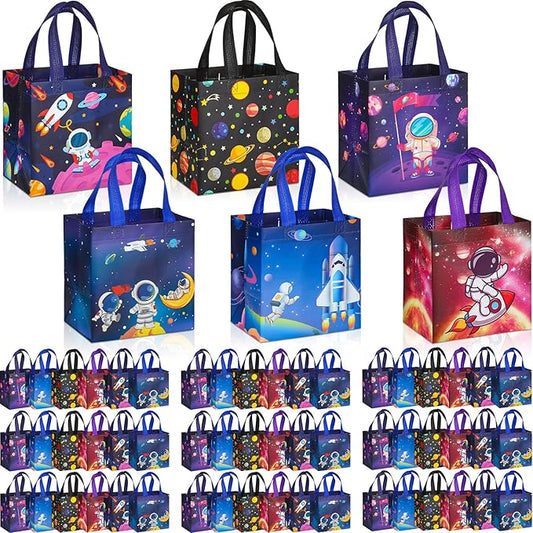 Kigeli 120 Pcs 6 Style Space Goodie Bags, Space Party Favors Large Non-woven Gifts Bags with Handles, Astronaut Planet Rocket Goodie Candy Tote for Baby Shower, Galaxy Theme Birthday Party Supplies