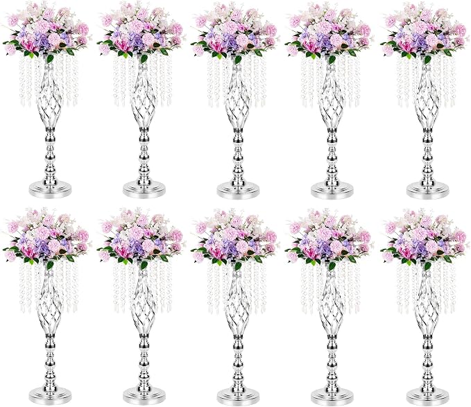 10pcs Silver Metal Flower Vases Crystal Flower Stand Wedding Centerpieces for Tables Party Dinner Event Restaurant Hotel Decoration