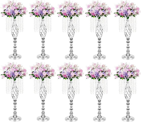 10pcs Silver Metal Flower Vases Crystal Flower Stand Wedding Centerpieces for Tables Party Dinner Event Restaurant Hotel Decoration