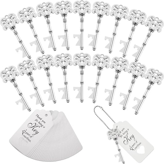 150 Pcs Wedding Favors Bottle Opener Wedding Gifts Vintage Skeleton Key Bottle Opener Souvenir Gift Party Favors with Escort Tag Cards and Key Chains for Party Bridal Shower (Silver)