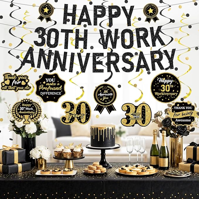 11pcs 30 Year Work Anniversary Decorations Black Gold Happy 30th Work Anniversary Banner Hanging Swirls Employee Appreciation Decorations Supplies 30 Year Workiversary Gifts for Employee Worker