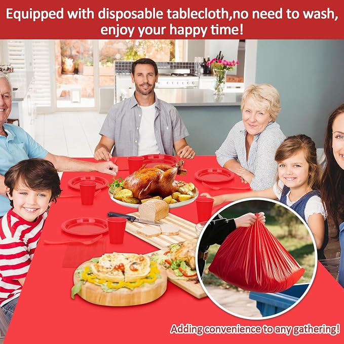 Red Plastic Dinnerware Set for Party, Disposable Plates for 100 Guests, 9" Dinner Plates & 7" Dessert Plates,Cups,Napkins,Forks,Plastic Plate Set for Birthday,BBQ,Christmas
