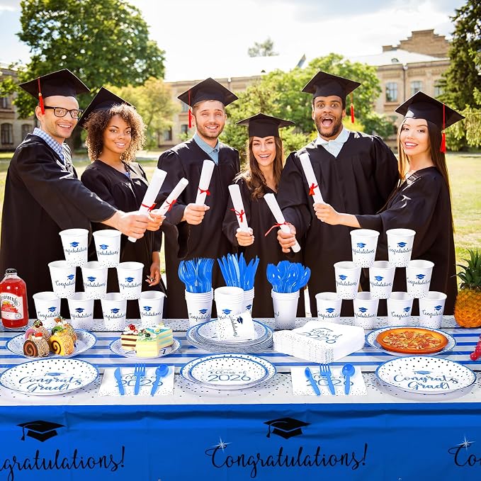 175pcs Class of 2026 Graduation Plates and Napkins Set, Disposable Paper Plate Set Polka Dots Napkins Cups Knife Fork Spoon for Graduation Party Decorations and Supplies,Serve 25 (White Blue)