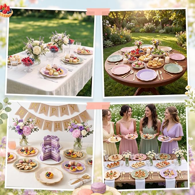 72 Pcs Sage Green Purple Pink Paper Plates 9 Inch Fairy Scalloped Paper Disposable Dinner Dessert Plates for Flower Floral Butterfly Birthday Wedding Bridal Party Supplies, 6 Colors
