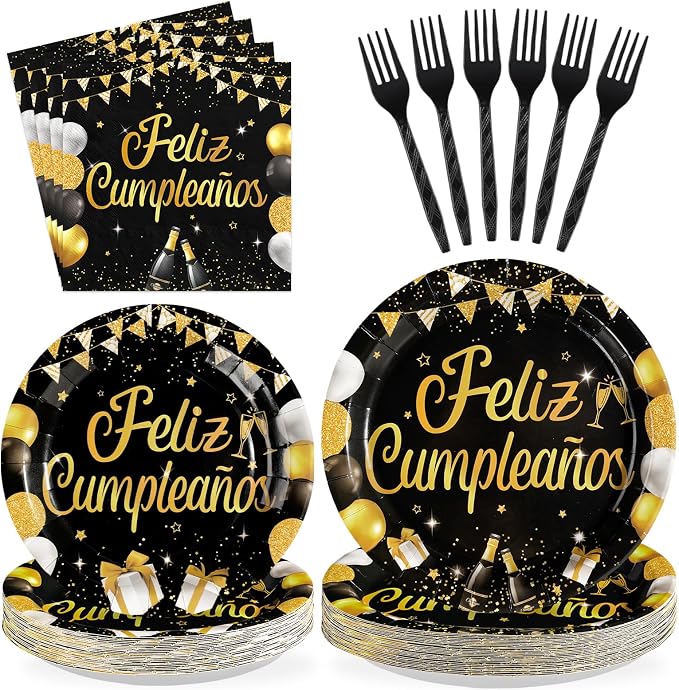 96Pcs Feliz Cumpleaños Decoration Black and Gold Plates and Napkins Feliz Cumpleaños Happy Birthday Tableware Set for Men Women Spanish Black and Gold Birthday Party Supplies Serves 24