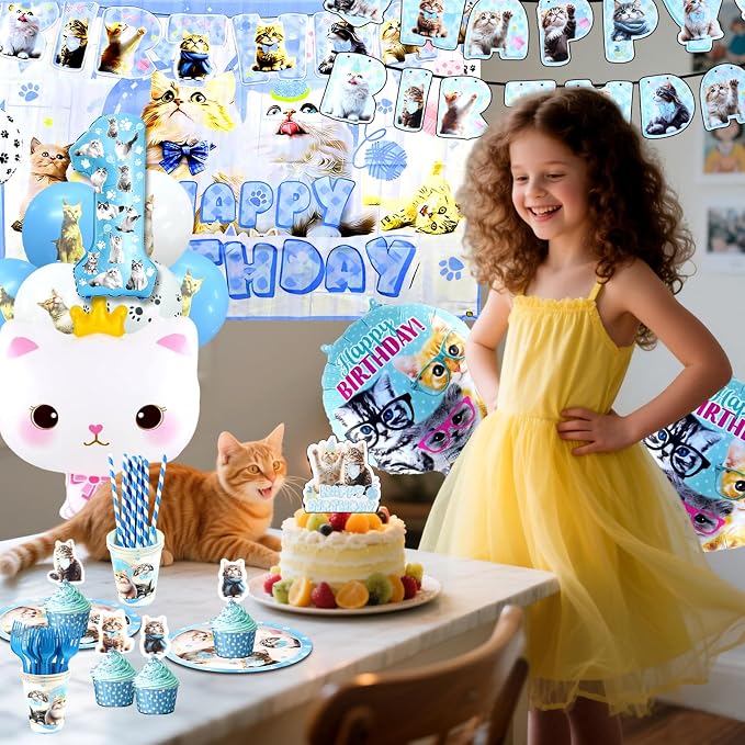 142Pcs Cat Birthday Decorations,Cat 1st Birthday Party Supplies, Cat Birthday Party Decorations Include Plates Cups Napkins Tablecloth Balloons Cake Toppers for 10 Guests