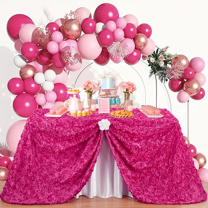 Fanqisi Rosette Tablecloth Hot Pink Table Cover: 50x80 Inches 3D Floral Satin Fabric Table Cloth Grandiose Wedding Party Baby Shower Decorations
