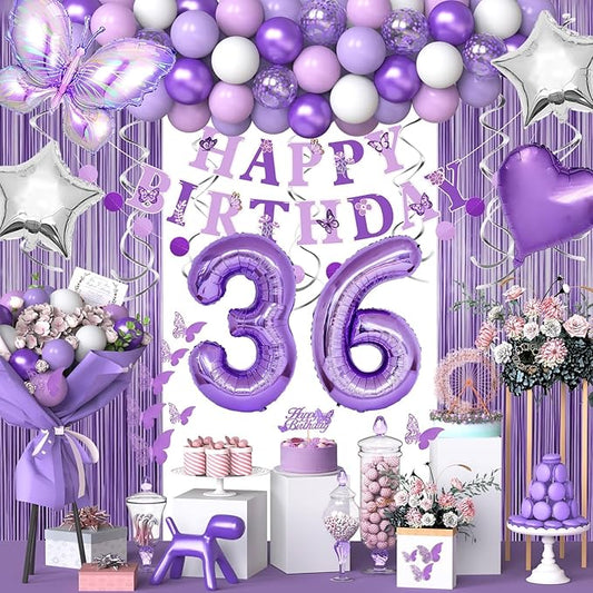 36th Purple Birthday Decorations for Women, Purple Pink 36th Birthday Decorations Butterfly Theme Lavender Party Decor Set with Number Balloons, Banner, Sash, Butterfly Stickers
