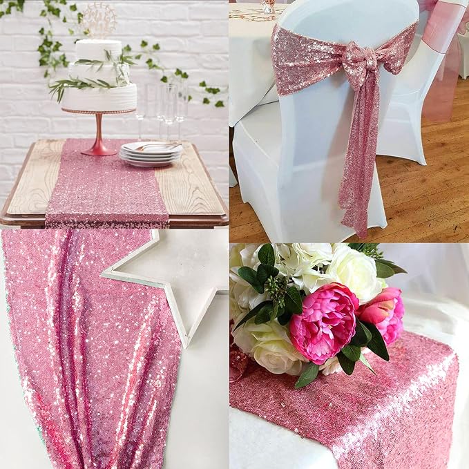 12 Packs 12 X 108 Inch Pink Sequin Table Runner Glitter Dining Table Runner for Birthday Wedding Engagement Bridal Baby Shower Bachelorette Holiday Celebration Party Supplies Decorations (Pink)