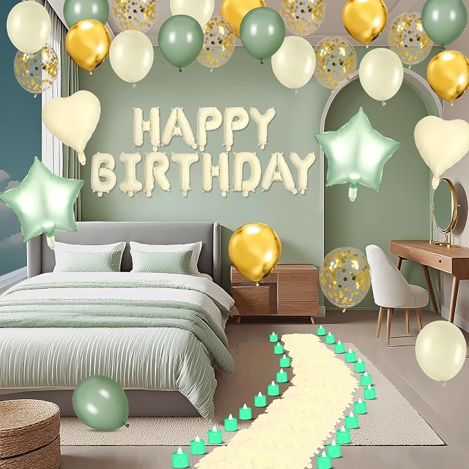 Sage Green Happy Birthday Balloons Decorations Beige Green Birthday Balloon Letters Banner with 4 Pcs Star Balloons Artificial Rose Petal 24 Flameless LED Candles for Room Hotel Party Decor Supplies