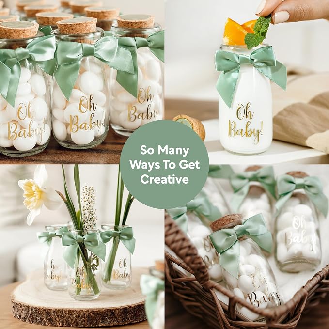 Ethisa Vintage 12 Pack Oh Baby Woodland Milk Glass Bottles with Ribbons and Stickers - Classy Baby Shower Favors for Guests and Table Centerpieces - Gender Neutral Eucalyptus Decoration - Safari Theme
