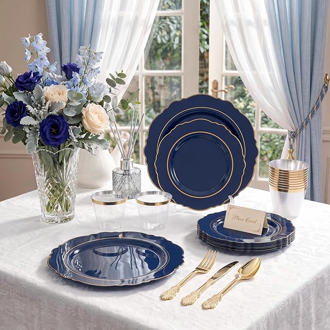 KIRE 210Pcs Navy Blue Plastic Plates - Blue and Gold Plates Disposable - 30guest Baroque Plastic Dinnerware for Upscale Wedding/Parties/Passover/Graduation