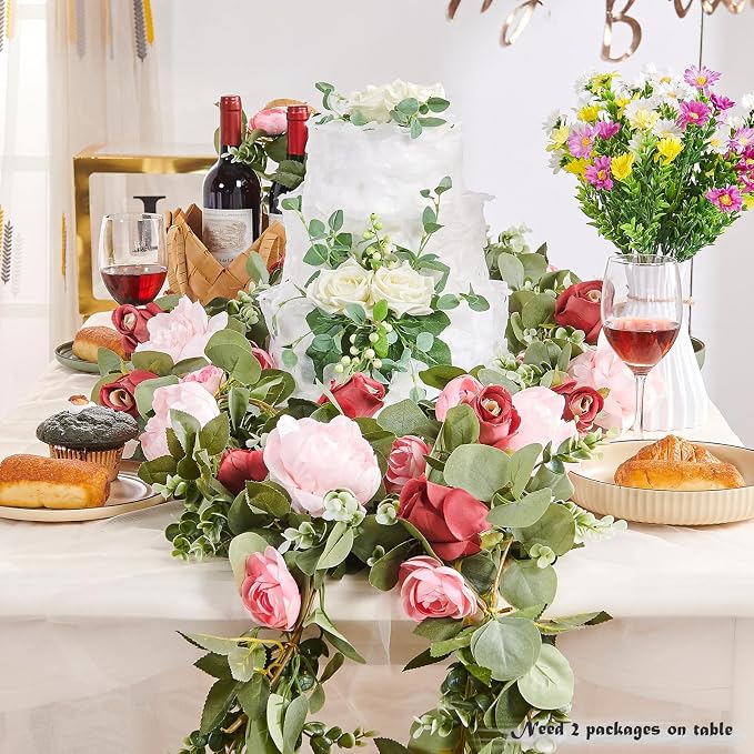 PONKING Flower Garland Artificial Rose Vine Flowers Hanging Fake Roses Vines for Wedding Birthday Party Valentines Christmas Room Wall Arch Decor, 2 Pink & 1 Red Floral Garland Decorations