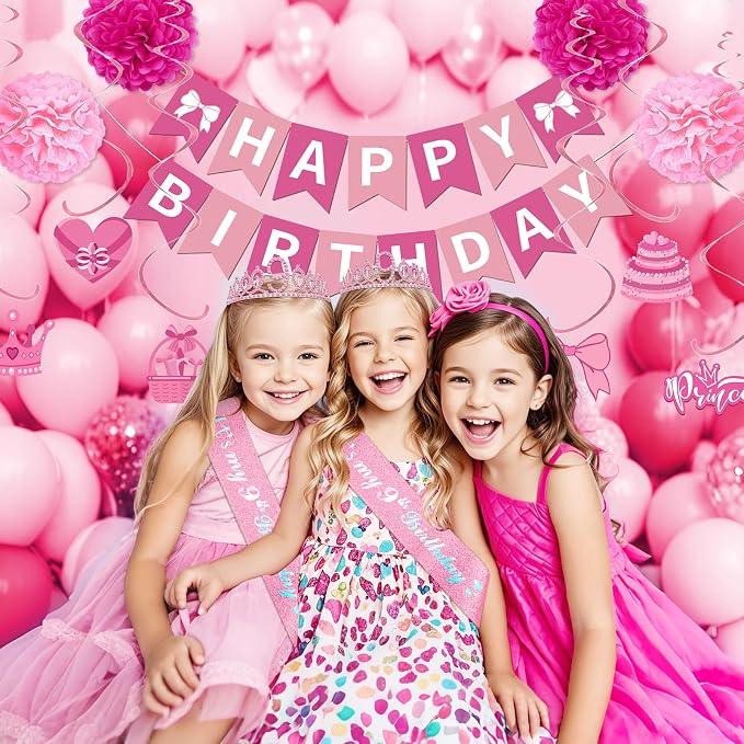 9th Birthday Decorations for Girls, Pink Party Decorations with Number 9 Balloon Happy Birthday Banner Bday Sash Crown Tablecloth Fringe Curtain Hanging Swirl for 9 Balloons for Bday Girl