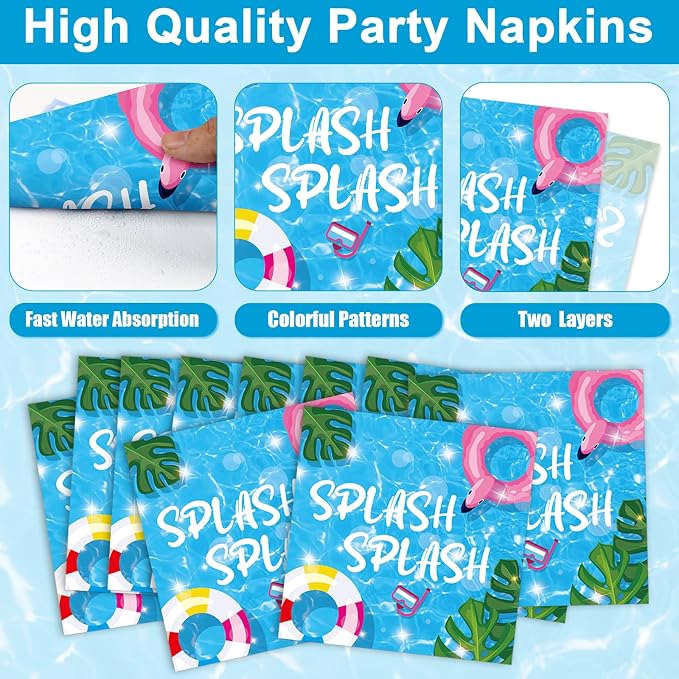 gisgfim 50 Guests Pool Party Supplies Summer Beach Plates and Napkins Forks Summer Pool Tableware Beach Ball Paper Disposable Plates for Splish Splash Birthday Baby Shower Party 200PCS