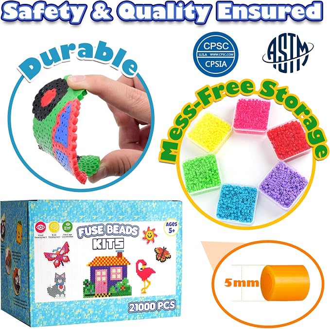 FUNZBO 21000 5mm Fuse Beads Kit - 26 Colors Individual Pack, Homeschool Arts and Crafts Supplies for Kids, Toys Set, Art Decorations for Room, Toys Gifts for Girls and Boys Age 5+