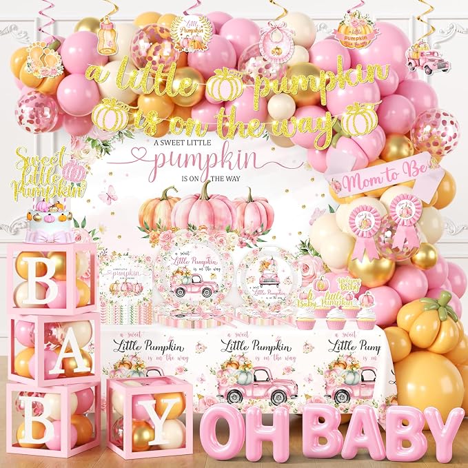 249pcs Little Pumpkin Baby Shower Decorations for Girl,A Sweet Little Pumpkin is On the Way Baby Shower,Pink Pumpkin Floral Balloons Plates Boxes Tablecloth for Fall Thanksgiving Autumn Party Decor