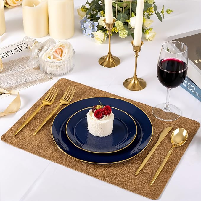 bUCLA 100PCS Blue Plastic Plates - Navy Blue Disposable with Gold Rim, Include 50 Each (10 inch Dinner & 7 inch Dessert) Plates, Ideal for Party & 4th of July