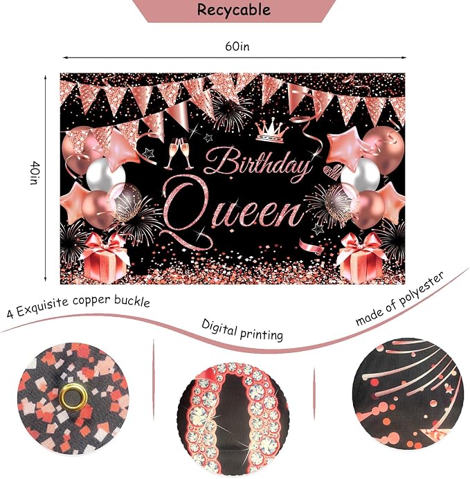 Happy Birthday Decorations for Women Girls, Black Rose Gold Birthday Party Decor Include Sash and Crown, Balloons, Banner, Backdrop, Cake Topper & 6pcs Paper Pom Poms (Black rose gold)