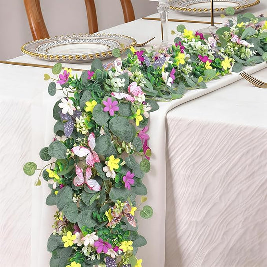 2PCS Artificial Daisy Garland with 3D Butterfly 5.68FT Fake Wildflower Garland Spring Flowers Garlands Greenery Eucalyptus Floral Vines for Home Table Mantle Wedding Backdrop Decor