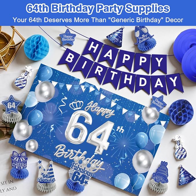 Happy 64th Birthday Party Decoration: Including Birthday Banner Backdrop, Party Table Centerpieces and Hanging Swirl Party Streamers, Birthday Decor for Men and Women (Blue, 64th Birthday)