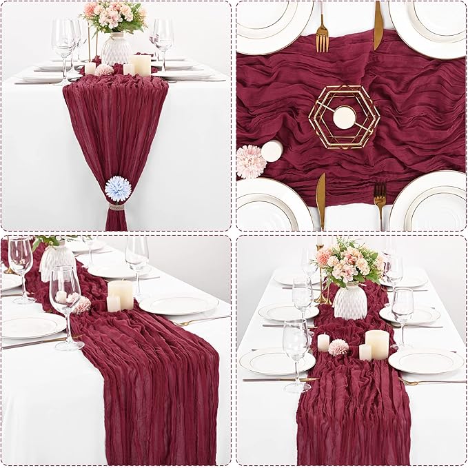 10 Pcs Burgundy Cheesecloth Table Runner 10FT, Gauze Cheese Cloth for Wedding Reception Rustic Sheer Bridal Shower Birthday Party Boho Table Decoration, Romantic Wedding Runner