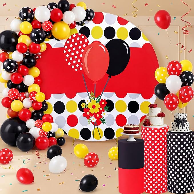 146 Pcs Cartoon Mouse Arch Backdrop Cover Cylinder Stand Covers balloons set for party Photo Props 7.2 feet Polka Round Backdrop Covers for Birthday Baby Shower Ceremony Party Decor