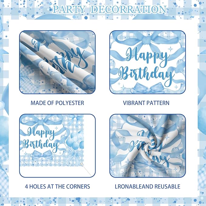 Blue Bow Birthday Decorations for Girls, Coquette Party Supplies with Gingham Backdrop, Tablecloth, Cake Toppers, Giant Foil Bow, Pastel Blue Balloon Arch Kit for Soft Girl Bday Photo Prop