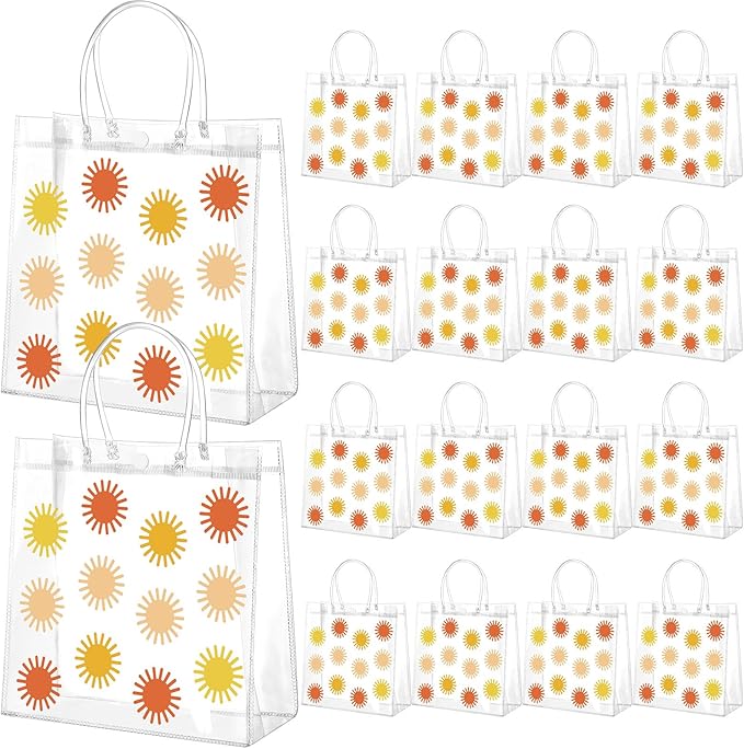 Kacctyen 24 Pcs Boho Sun Pattern Gift Bags for Party Favor Clear Boho Sun Goodie Bags with Handle 7.87 x 7.87 x 3.15 Return Gift Wrap Totes for Guests Treat Candy Wrapping