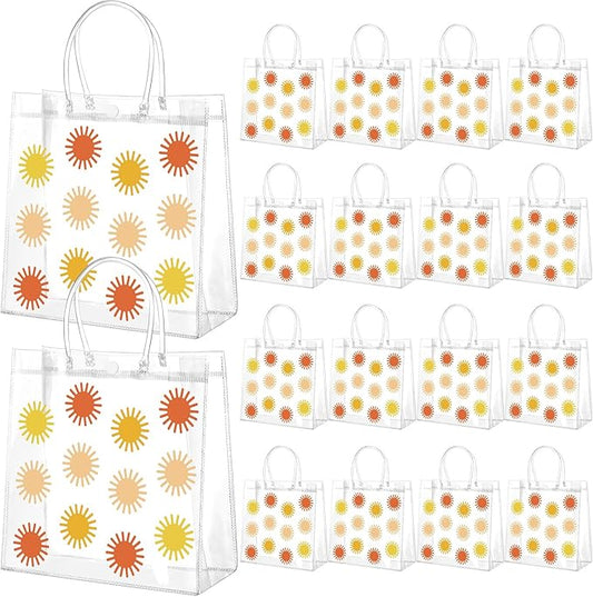 Kacctyen 24 Pcs Boho Sun Pattern Gift Bags for Party Favor Clear Boho Sun Goodie Bags with Handle 7.87 x 7.87 x 3.15 Return Gift Wrap Totes for Guests Treat Candy Wrapping