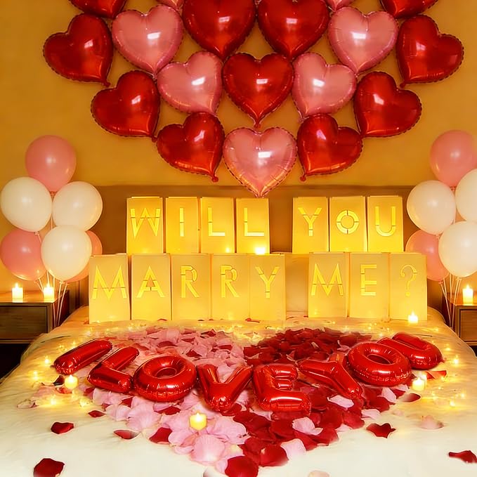 Will You Marry Me Light Up Letters Proposal Decorations,Glowing Luminary Letter Bags with LED Tea Lights, Rose Petals,Heart Balloons for Proposal,Engagement Party,Valentine’s Day,Romantic Night