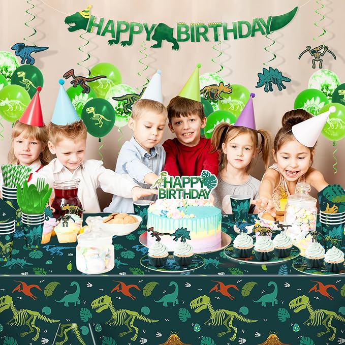 274 Pcs Dinosaur Birthday Decorations, Dinosaur Birthday Party Supplies with Banner, Balloons, Cake Toppers, Plates, Cups and Tablecloth for Boy Dino Party Decor, Serves 24