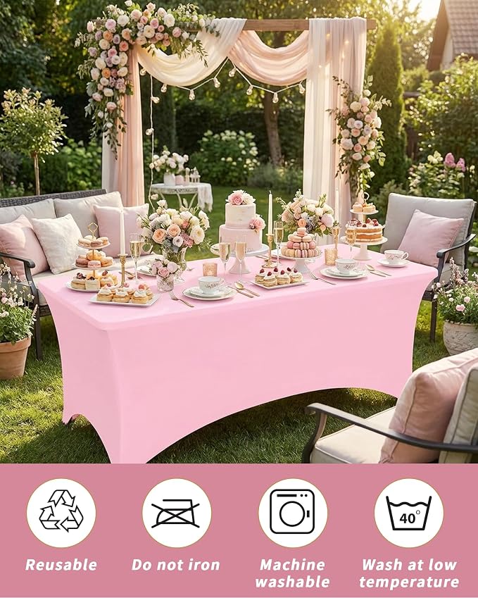 Fixwal 3 Pack Pink Tablecloth Rectangle 8Ft, Stretch Spandex Fitted Table Cover for Party, Trade Show, Wedding, Buffet, Graduation, Vendor Stand