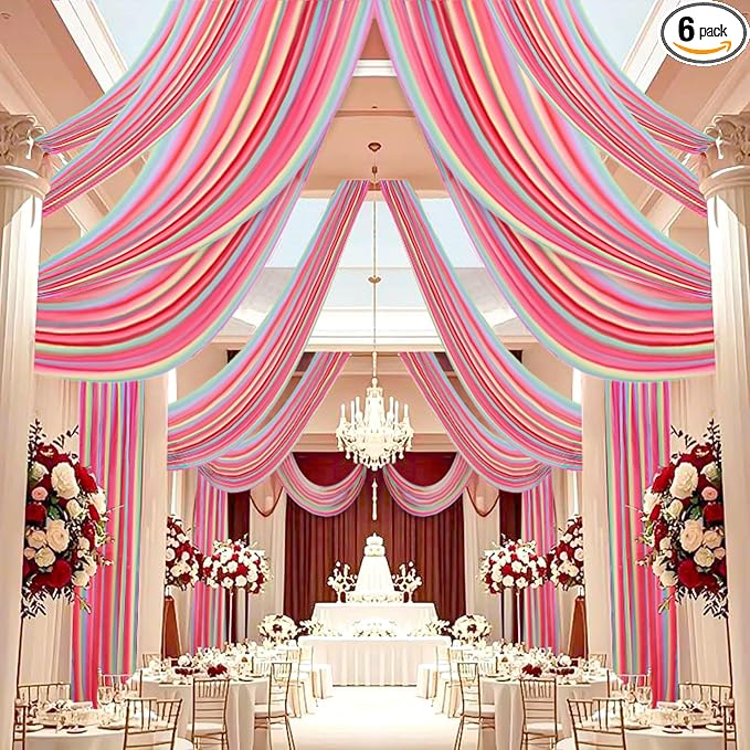 DUOBAO Wedding Chiffon 5x30FT Rainbow Sheer Draping Fabric for Photography Backdrops, Soft Curtains for Arches, Christmas, and Indoor Events - 6 Panels