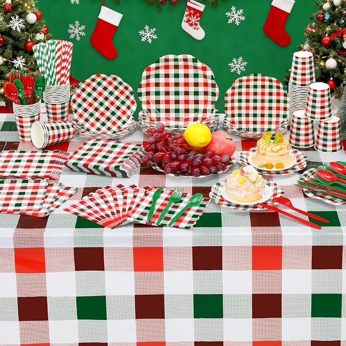 Funnymoom 452 Pcs Red and Green Christmas Buffalo Plaid Party Supplies for 50, Scalloped Christmas Gingham Plaid Paper Plates Napkins Cups Tablecloth Cutlery Straws for Rustic Holiday Party Decoration