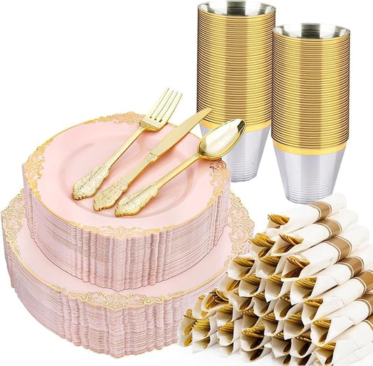 Realluck 350 PCS Pink and Gold Plastic Plates, Plastic Dinnerware Set for 50 Guests, 100 Disposable Plates, 150 Silverwares, 50 Cups, 50 Napkins for Party, Wedding, Graduation