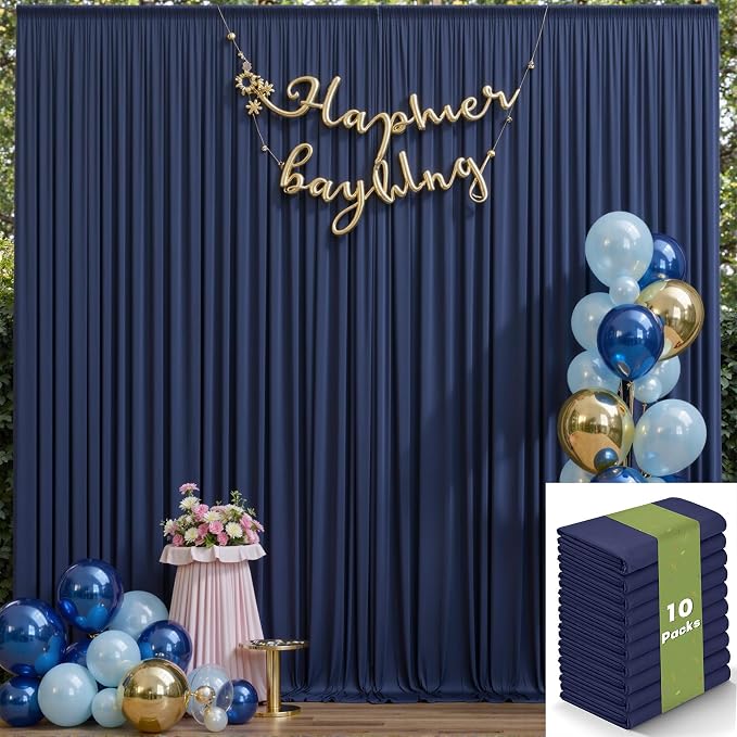 50ft x 12ft Wrinkle Free Navy Blue Backdrop Curtains for Parties, 10 Panels 12FT Long Photo Backdrop Drapes Silky Back Drop Cloth for Wedding Birthday Photography Background Decor