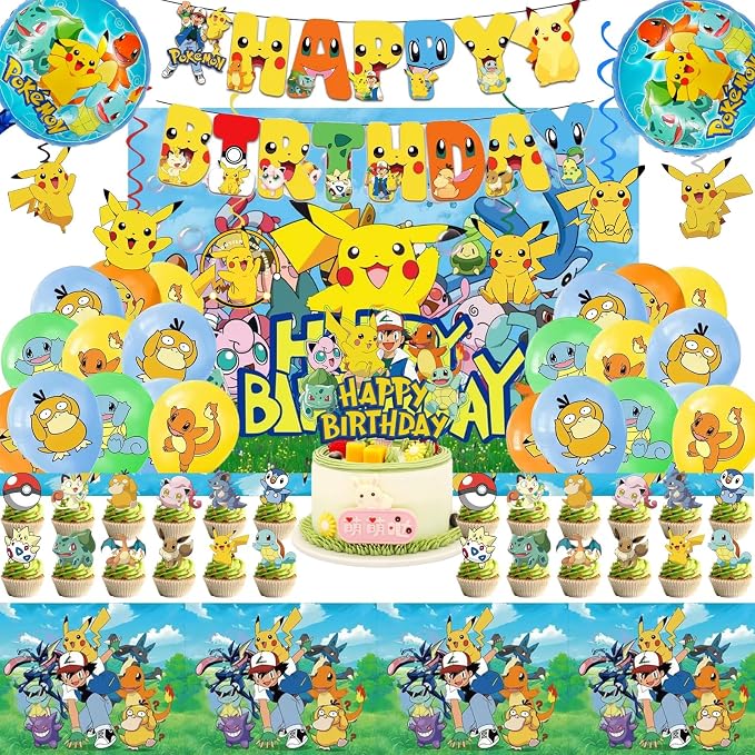48PCS anime Birthday Party Supplies: 1*"Happy Birthday" Banner, 6Hanging Swirls, 1Tablecloth, 1Backdrop, 1Cake Topper, 24 Cupcake Toppers, 12Latex Balloons, 2Aluminum Balloons