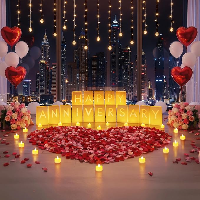 Happy Anniversary Decoration, Light Up Letters Luminaries Signs with Flameless Candles and Fake Rose Petals, Anniversary Romantic Party Decor