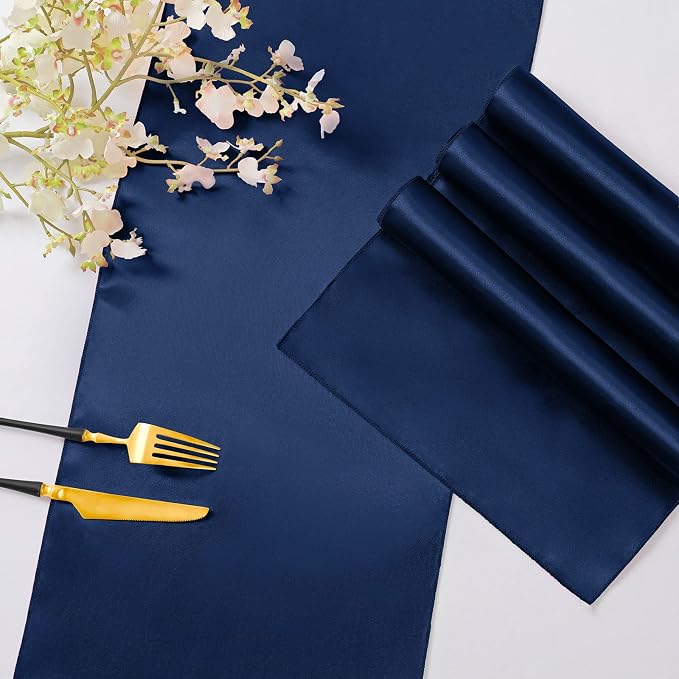 Horbaunal 12 Pack Navy Blue Satin Table Runner 12 x 108 Inch, Smooth Table Runners for Wedding Banquets Birthday Party